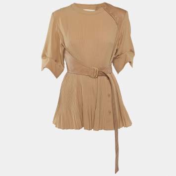 Pre Owned Sportmax Beige Faux Leather and Chiffon Plisse Top M