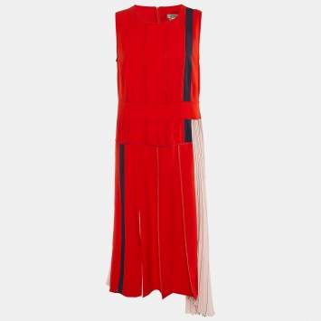 Pre Owned Sportmax Red Colorblock Crepe Pleated Midi Dress L