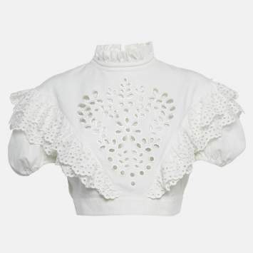 Pre Owned Sportmax White Broderie Anglaise Cotton Ometto Crop Top M