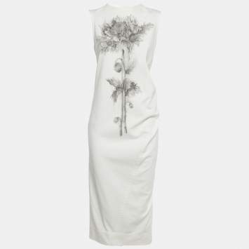 Pre Owned Sportmax White Floral Print Denim Midi Dress M