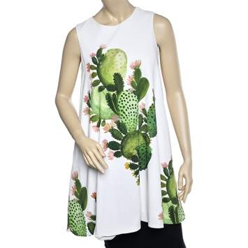 Pre Owned Sportmax White Cactus Print Crepe Sleeveless A-Line Dress S