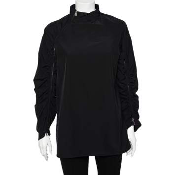 Pre Owned Sportmax Black Synthetic Contrast Trim Ruched Zip Detail Tunic Top S