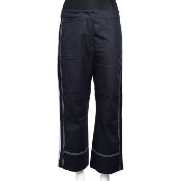Pre Owned Sportmax Defile Navy Blue Cotton Contrast Trim Straight Leg Pants S