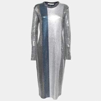 Pre Owned Sportmax Metallic Stripe Knit Sequin Embellished Long Sleeve Dress L