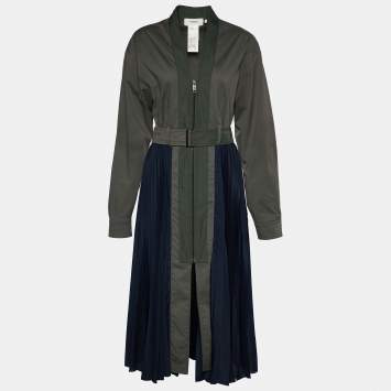 Pre Owned Sportmax Olive Green Cotton & Plisse Belted Midi Coat Dress M