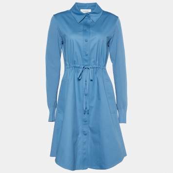 Pre Owned Sportmax Blue Stretch Cotton Ribbed Long Sleeve Dress M