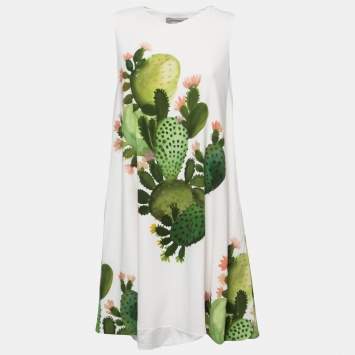 Pre Owned Sportmax White Cactus Print Crepe Sleeveless A-Line Dress M