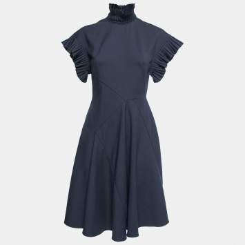 Pre Owned Sportmax Dark Blue High Neck Sleeveless A-line Midi Dress S