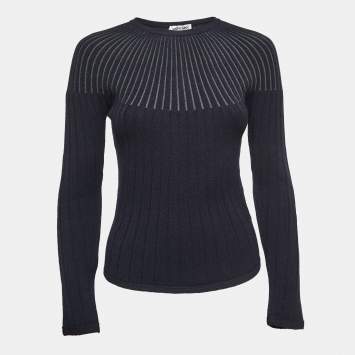 Pre Owned Sportmax Blue Wool Striped Rib Knit Sweater S