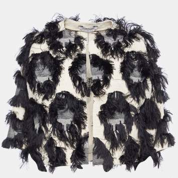 Pre Owned Sportmax Cream Cotton & Linen Frayed Detail Cropped Jacket S