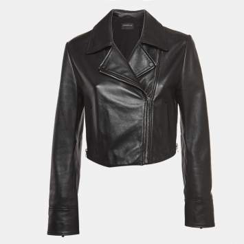 Pre Owned Sportmax Black Leather Cropped Biker Jacket M