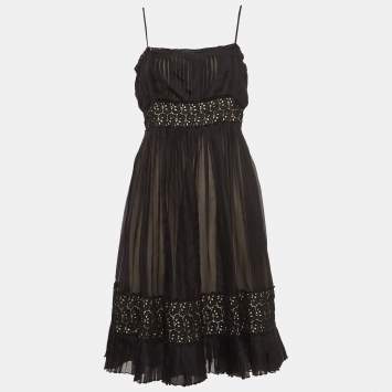 Pre Owned Sportmax Black Lace Trim Silk Pleated Midi Empire Dress L