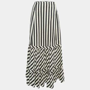 Pre Owned Sportmax Black/White Striped Cotton Blend Flared Maxi Skirt S