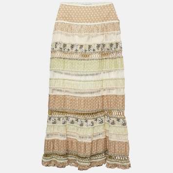 Pre Owned Sportmax Multicolor Floral Print Crochet and Cotton Tiered Maxi Skirt S