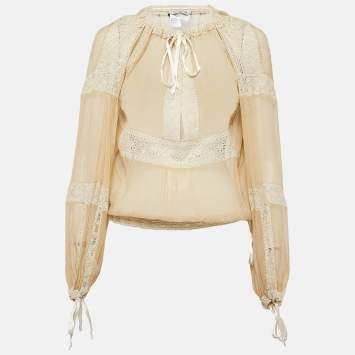 Pre Owned Sportmax Beige Lace and Silk Tie-Up Detail Blouse S