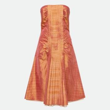 Pre Owned Sportmax Pink Check Taffeta Silk Pleated Strapless Mini Dress M