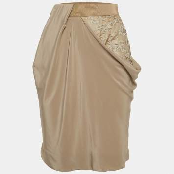 Pre Owned Sportmax Beige Lace Trim Silk Draped Pencil Skirt S