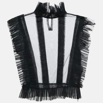 Pre Owned Starch Black Tulle Pleat Detail Ruffled Top S
