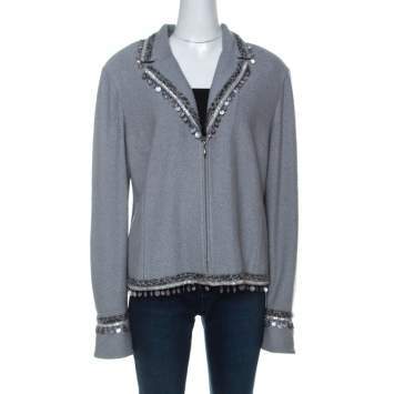 Pre Owned St. John Couture Grey Knit Embellished Boucle Trim Tailored Jacket XL