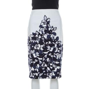 Pre Owned St. John White and Navy Blue Floral Printed Stretch Cotton Pencil Skirt L 