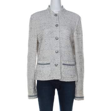 Pre Owned St. John Cream Knit Shoulder Padded Button Front Jacket L 