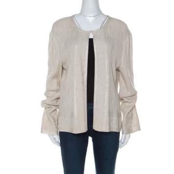 Pre Owned St. John Beige Rib Knit Embellished Open Cardigan XL