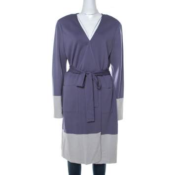 Pre Owned St. John Purple Knit Padded Shoulder Detail Belted Cardigan XL