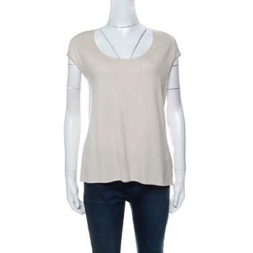 Pre Owned St. John Beige Knit Embellished Crochet Back Detail French Sleeve Top L