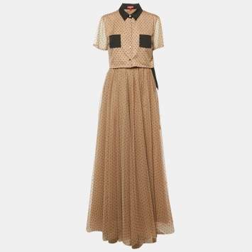 Staud Dark Beige Dot Printed Mesh Shirt & Skirt L