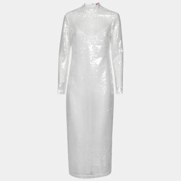 Pre Owned Staud White Sequin Embellished Long Sleeve Midi Dress M