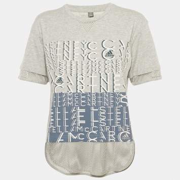 Pre Owned Stella McCartney X Adidas Grey Printed Cotton & Mesh Detail T-Shirt XS 