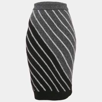 Pre Owned Stella McCartney Grey Striped Wool Midi Skirt XS