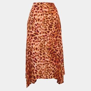 Pre Owned Stella McCartney Brown Leopard Print Silk Flared Midi Skirt S