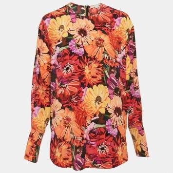 Pre Owned Stella McCartney Red Poppy Print Silk Long Sleeve Blouse M