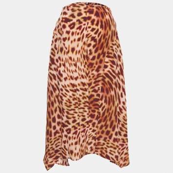 Pre Owned Stella McCartney Pink/Brown Leopard Print Silk Flared Midi Skirt XS