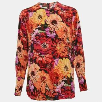 Stella McCartney Red Poppy Print Silk Long Sleeve Blouse S