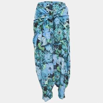 Stella McCartney Blue Floral Print Silk Tie-Up Trousers S