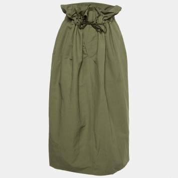 Pre Owned Stella McCartney Khaki Green Cotton Blend Paperbag Midi Skirt M