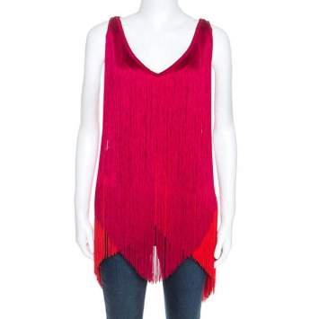 Pre Owned Stella McCartney Red Crepe Fringe Detail Sleeveless Top M