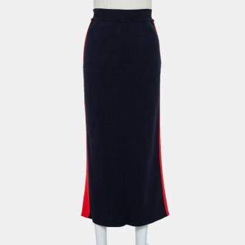 Pre Owned Stella McCartney Navy Blue Cotton Knit Contrast Stripe Panel Detail Midi Skirt M