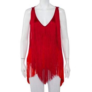 Pre Owned Stella McCartney Red Crepe Sleeveless Fringed Top S