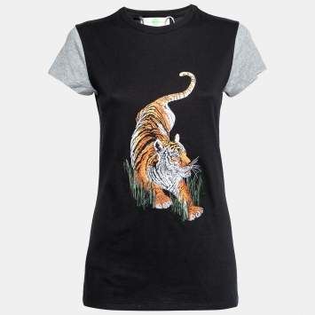Pre Owned Stella McCartney Black Cotton Tiger Embroidered Short Sleeve T-Shirt M