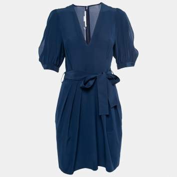 Pre Owned Stella McCartney Blue Silk Deep V-Neck Tulip Dress S