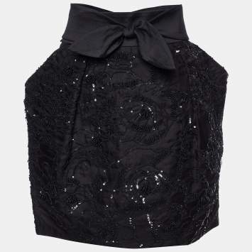 Pre Owned Stella McCartney Black Embellished Silk Bow Tie Detail Mini Skirt L
