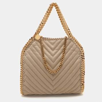 Pre Owned Stella McCartney Cream Chevron Quilted Faux Suede Mini Falabella Tote