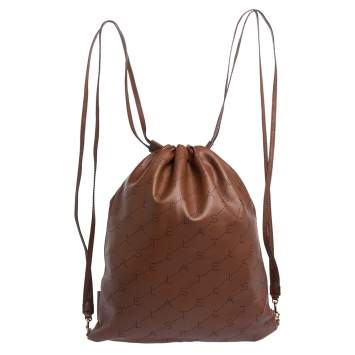 Pre Owned Stella McCartney Camel Logo Perforated Faux Leather Drawstring Backpack