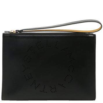 Pre Owned Stella McCartney Black Leather Flap Zip Logo Clutch