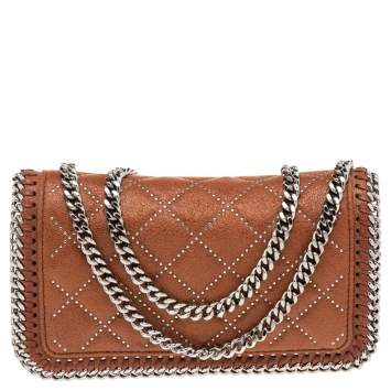 Pre Owned Stella McCartney Brown Quilted Faux Suede Studded Falabella Flap Shoulder Bag
