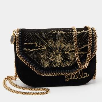 Pre Owned Stella McCartney Black Velvet Volcano Embroidered Mini Falabella Shoulder Bag