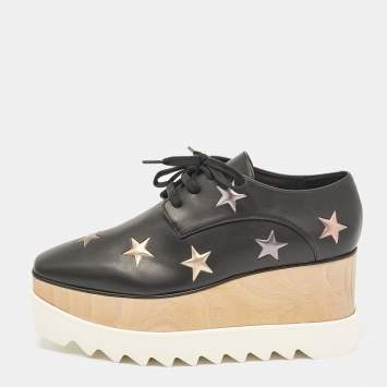 Pre Owned Stella McCartney Black Faux Leather Elyse Star Wedge Sneakers Size 37.5
